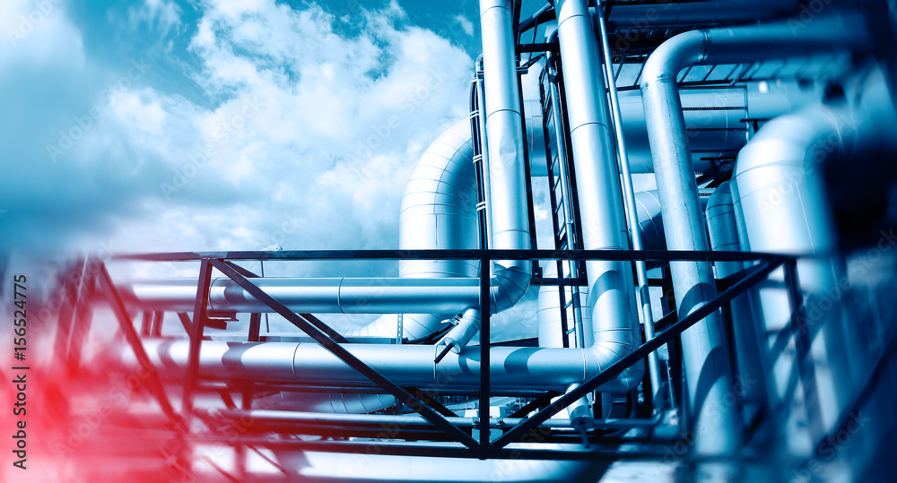 Industrial zone, Steel pipelines in blue tones Industrial zone, Steel pipelines in blue tones