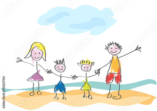 Vector drawing made by a child, happy family on vacation at the beach