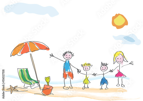 Vector drawing made by a child, happy family on vacation at the beach