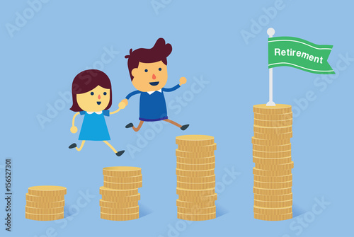 Young man and woman going to last pile of coin for retirement together. Illustration about financial planning.