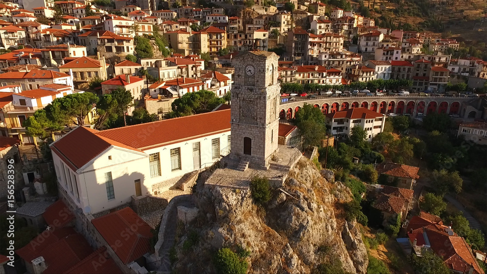 Aerial drone photo of Arachova traditional village in Voiotia, Greece