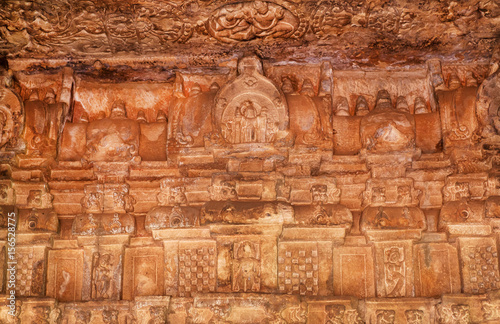 Ceiling with carved stone patterns inside the 7th century Durga temple, medieval era Hindu temple in Aihole, India. Ancient Indian artwork.