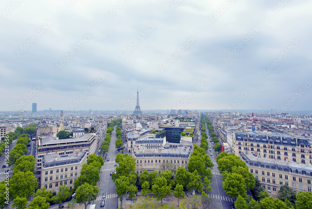 Paris, view at Champs-Elysees and Eiffel tower, France