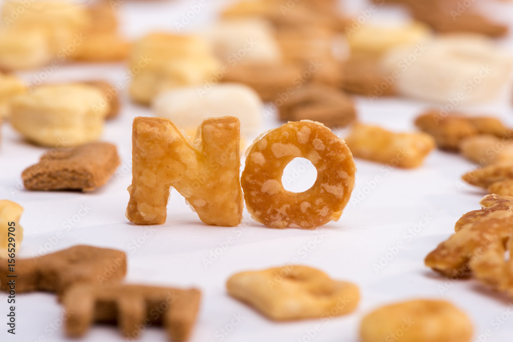 Close-up view of word no and healthy breakfast cereal alphabet isolated on grey