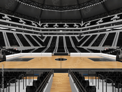 Beautiful modern sport arena for basketball with floodlights black chairs and VIP boxes  for twenty thousand people