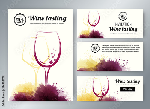 wine glasses with background stains. Promotion cards and banners