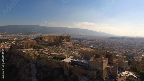 Aerial drone photo of Acropolis and the Pathenon, Athens historic centre, Attica, Greece