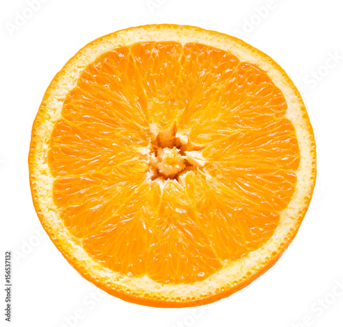 Orange fruit. Round slice isolated on white table. View from above.