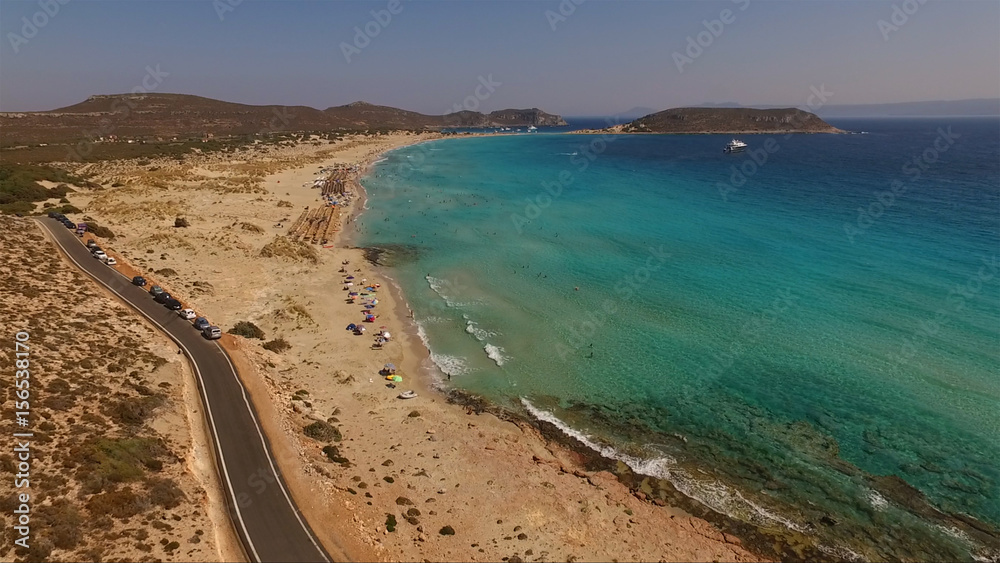 Aerial drone photo of Elafonisos beach with turquoise clear waters, Peloponnese, Greece