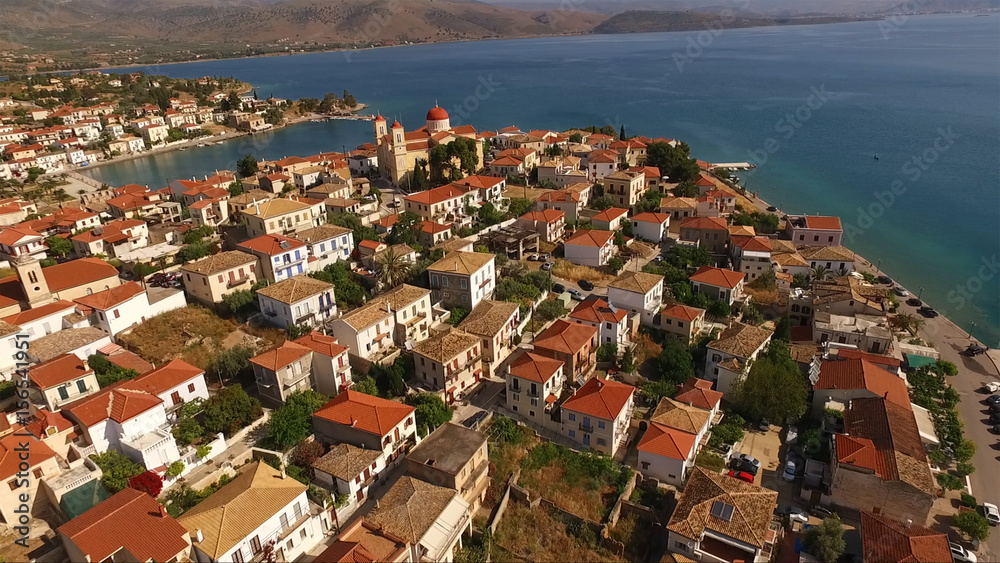 Aerial drone photo of traditional village of Galaxidi, Fokida, Greece