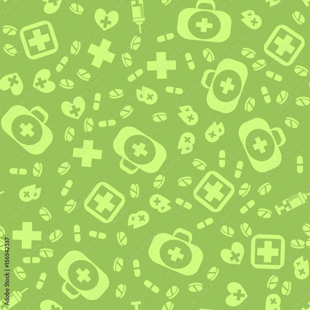 Medical Icons Seamless Pattern on Green Background Medical Icons Seamless Pattern on Green Background