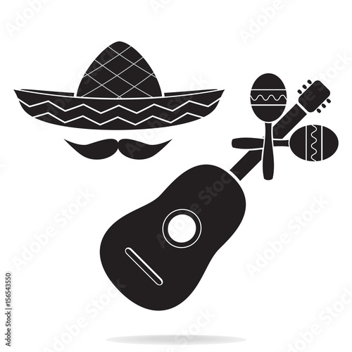 Guitar, maracas and hat icon, mexican style