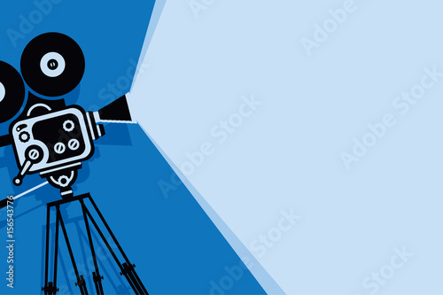 Vector blue background with lighting old fashioned movie camera on the tripod. Can used for banner, poster, web page, background