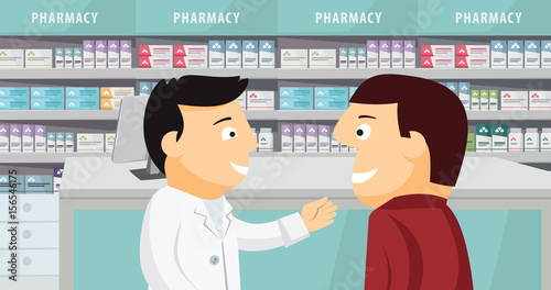 The patient consults with the pharmacist. Modern interior pharmacy and drugstore. Sale of vitamins and medications. Funny cartoon flat vector simple illustration. photo
