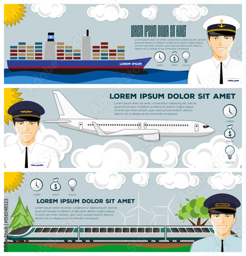 Set of Colorful vector banners on the theme of Travel, Transportation or Logistics. Modern flat design.