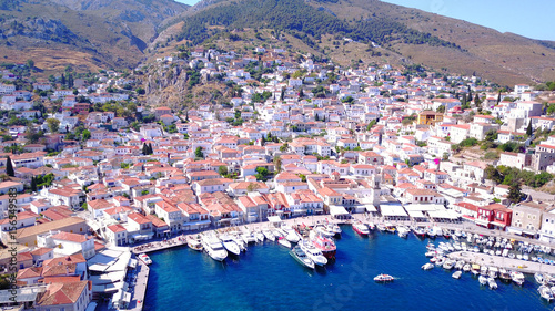 Aerial drone photo of picturesque island of Hydra, Saronic gulf, Greece photo