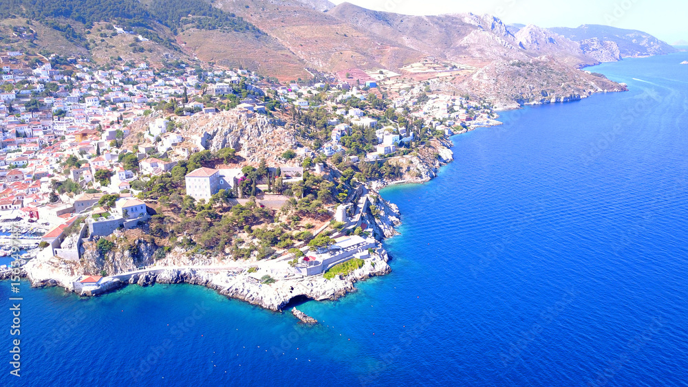 Fototapeta premium Aerial drone photo of picturesque island of Hydra, Saronic gulf, Greece