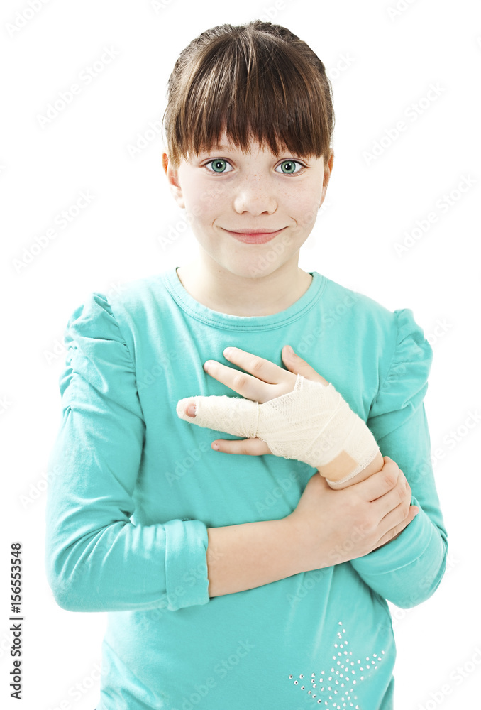 Child with broken arm. Isolated on white background Child with broken arm. Isolated on white background