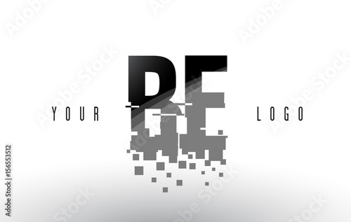 BE B E Pixel Letter Logo with Digital Shattered Black Squares