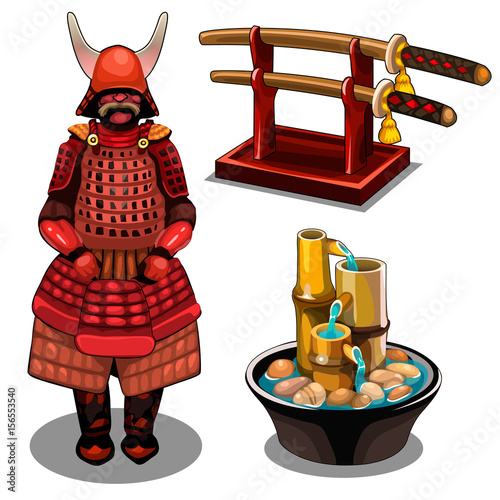 Samurai, katana on stand and decorative fountain
