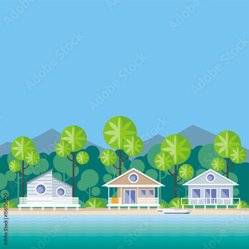 Beach cabanas are surrounded by tropical plants. Beautiful sea landscape. Vector background.