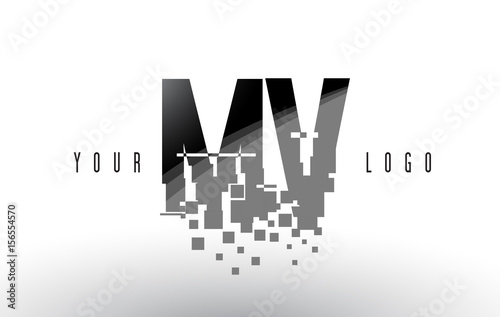 MV M V Pixel Letter Logo with Digital Shattered Black Squares