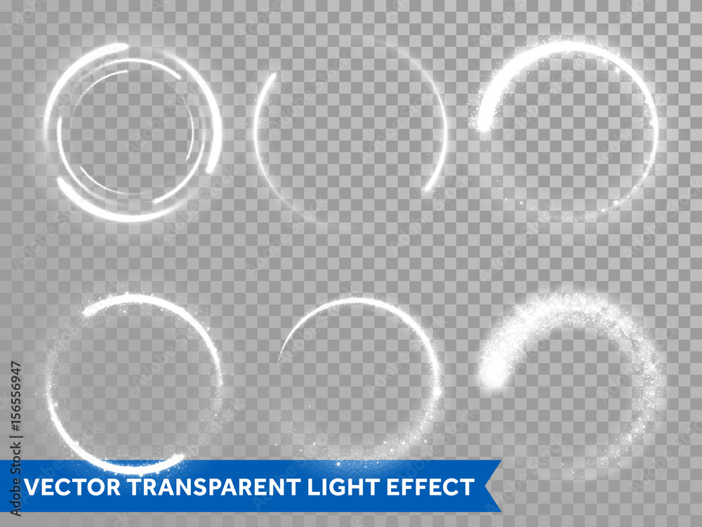 Light flash circle and star shine effect on vector transparent background - obrazy, fototapety, plakaty 