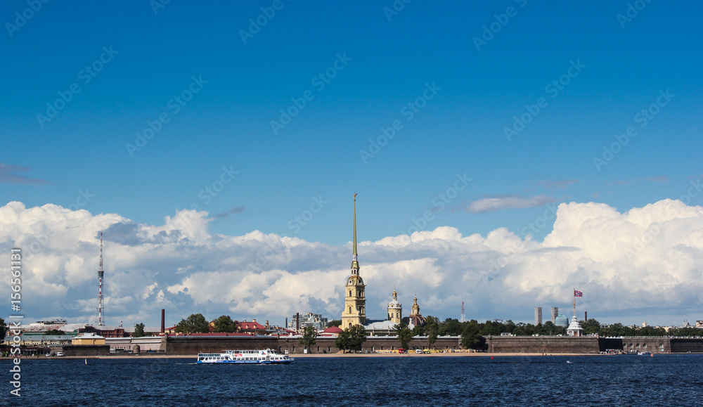 Peter and Paul fortress on the background of river and sky