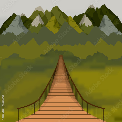colorful background outside suspension bridge and forest scenary vector illustration