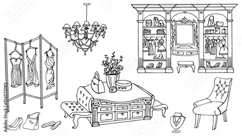 dressing room, fashion, outline vector set of furniture for a chic, glamor, elegant  dressing room for storage of female fashion and fitting,  black in white background