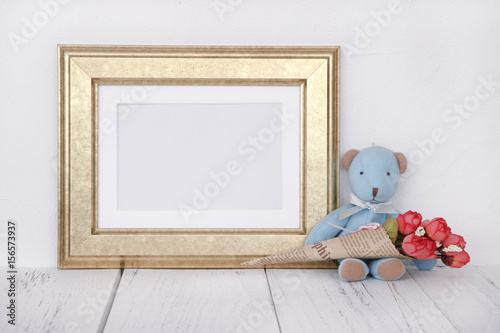 Stock photography golden picture frame cute blue bear holding rose flower mock up for text message