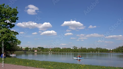 Beautiful pond in the park. Sredniy Tsaritsynskiy prud. Tsaritsyno Park, Moscow, Russia. 4k rela time video photo