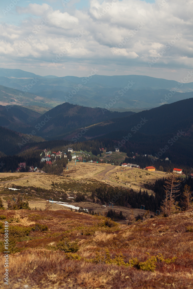Carpathian mountains. The village in the mountains. Houses in the mountains.
