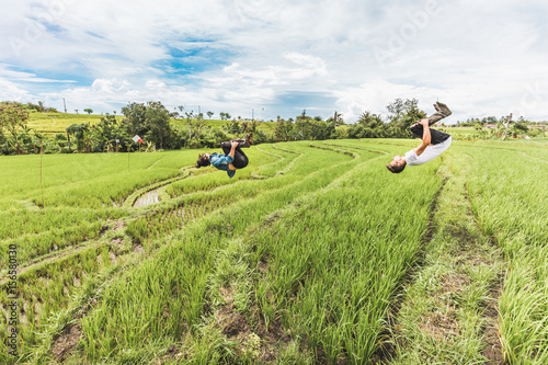 Freerunning in rice fields in Canggu, Bali © Andy