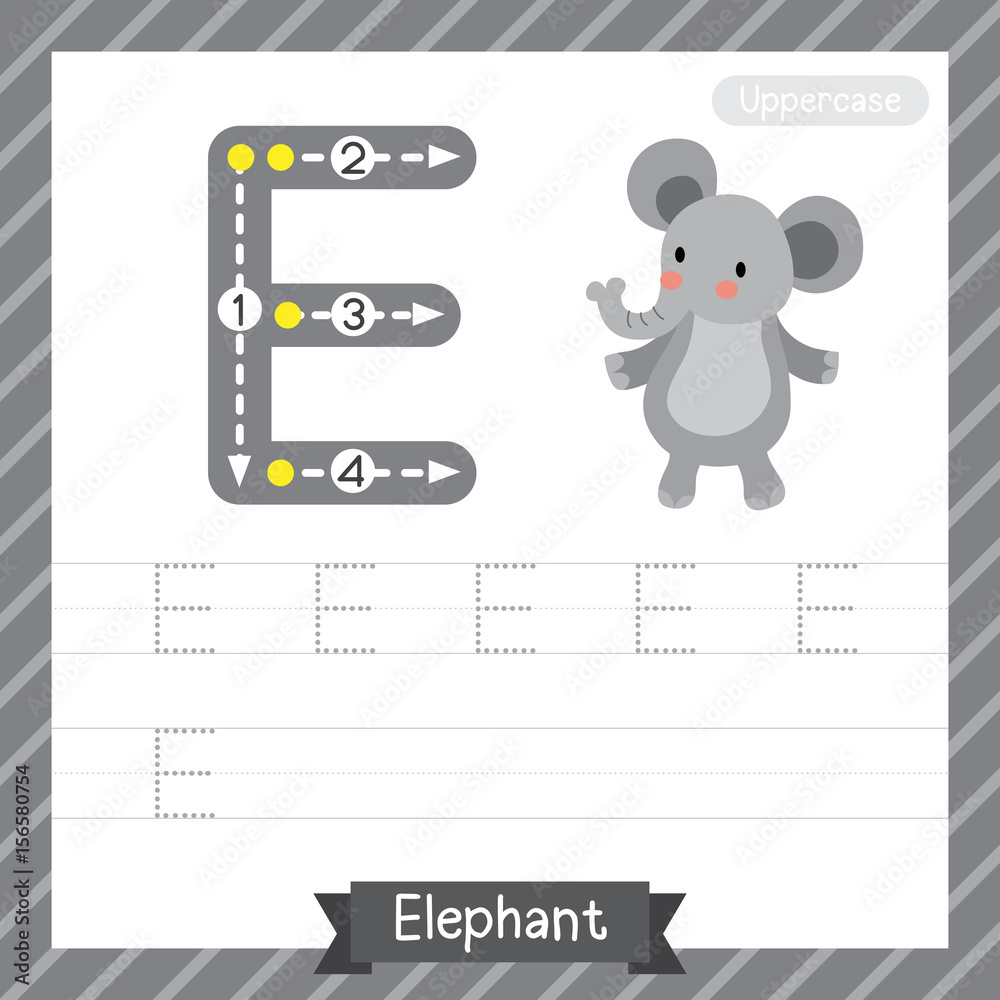 Letter E uppercase tracing practice worksheet with elephant for
