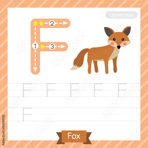 Letter F uppercase tracing practice worksheet with fox for kids learning to write. Vector Illustration.
