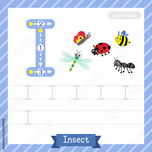 Letter I uppercase tracing practice worksheet with insect for kids learning to write. Vector Illustration.