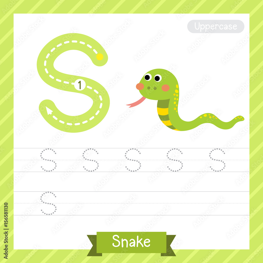 Letter S uppercase tracing practice worksheet with snake for kids ...