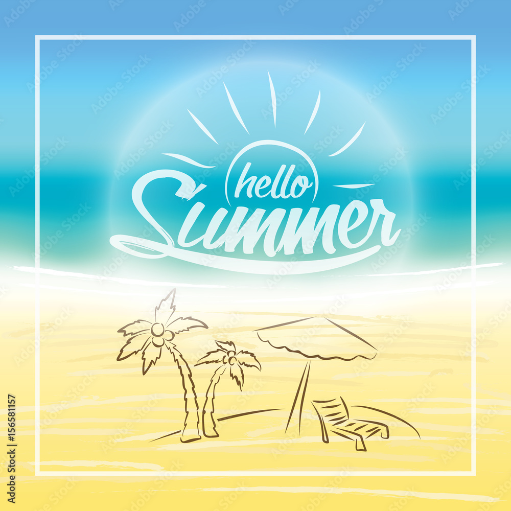 Summer is coming text on blurred summer beach background. Hand drawn palm, beach chair and umbrella. Summer landscape for background