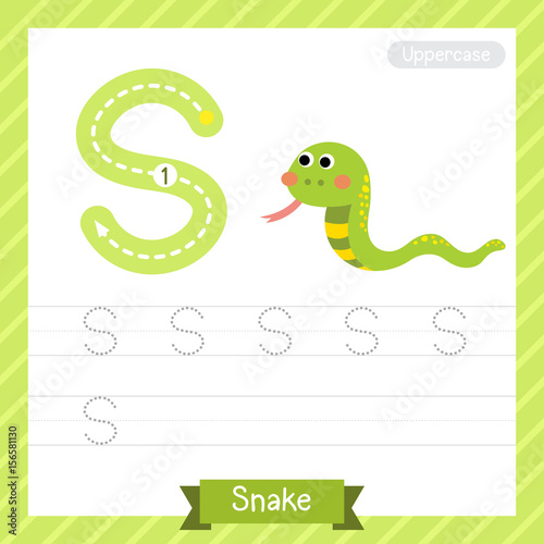Letter S uppercase tracing practice worksheet with snake for kids learning to write. Vector Illustration.
