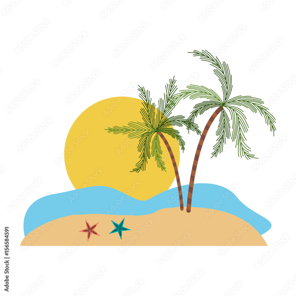 color silhouette with landscape of sea and big sun and palm trees vector illustration