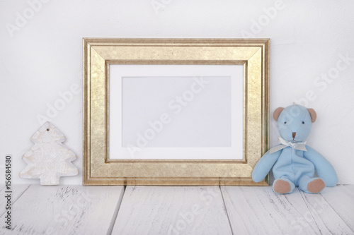 Stock photography golden picture frame cute blue bear Christmas tree craft mock up for text message