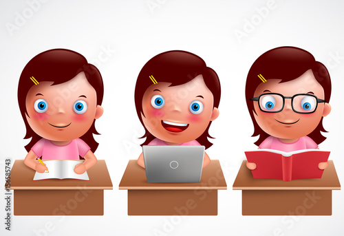 Girl kid vector characters set. Female preschool student studying, reading and browsing in laptop in the desk table with happy smile isolated in white background. Vector illustration.
