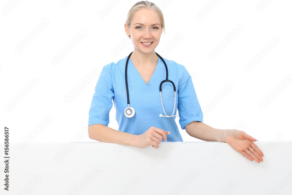 Smiling young nurse portrait isolated over white background. Smiling young nurse portrait isolated over white background.