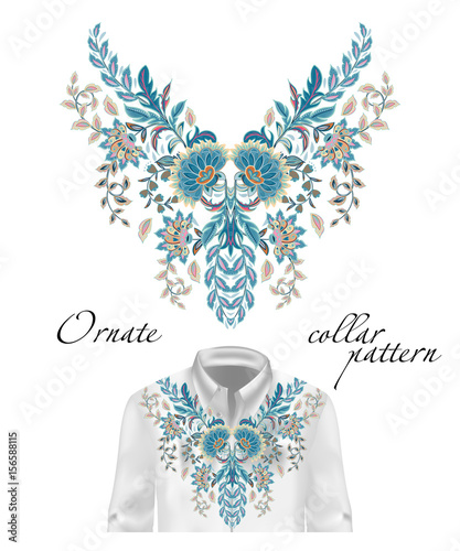 Vector embroidery ethnic flowers neck pattern. Blue flower design graphics fashion wearing. Presented on the white shirt layout.