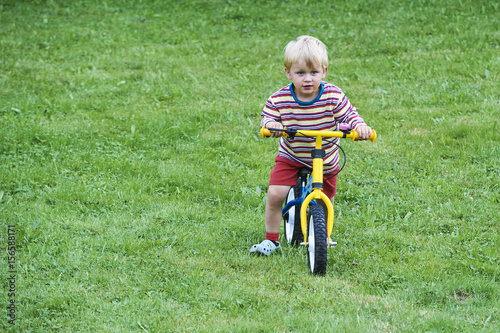 Fototapeta Naklejka Na Ścianę i Meble -  happy toddler boy riding bike without pedals. Kids enjoying a bicycle ride. Sport concept. Kids ride bicycle. First bike for little child. Active toddler kid playing and cycling outdoors.