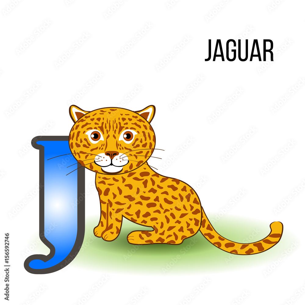 Cute Zoo alphabet J with cartoon jaguar, wild kid animal vector  illustration cat isolated on background, Education for children, preschool,  ABC poster for learn to read, character design, mascot Stock Vector |