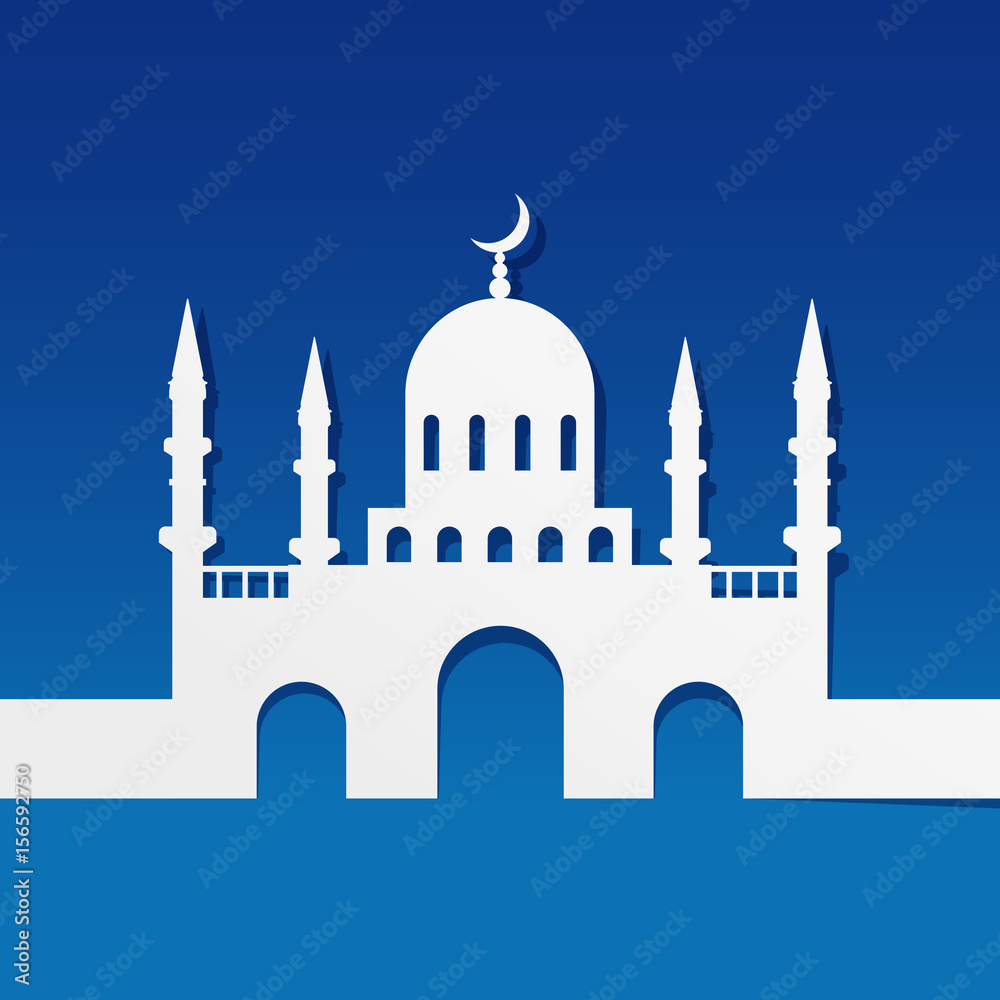 Mosque made by paper cut out on blue background