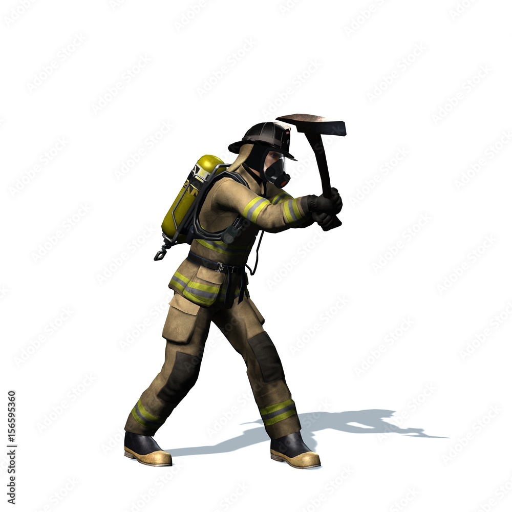 Firefighter breaks door with ax - isolated on white background - 3D illustration Firefighter breaks door with ax - isolated on white background - 3D illustration