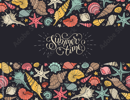 Summer time horizontal banner. Hand drawn sea shells and stars collection. Marine illustration of ocean shellfish. Colorful seashells border isolated on dark background.